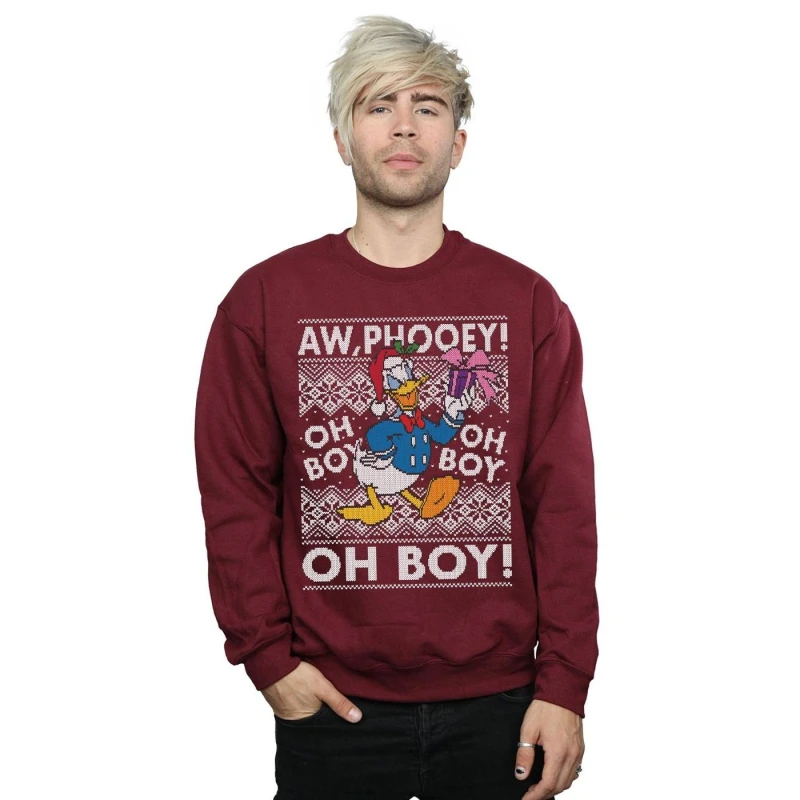Image of Disney Men Donald Duck Christmas Fair Isle Sweatshirt in Burgundy Size: Small Burgundy S Male 5057736355114