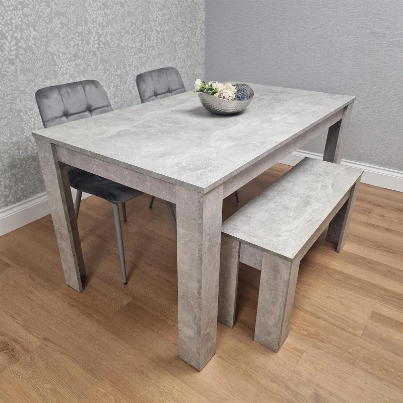 Image of KOSY KOALA Kosy Koala - Dining Table and 2 Chairs With Bench Stone Grey Effect Wood Table 2 Grey Velvet Chairs Dining Room Stone grey 140 + 2 grey roc