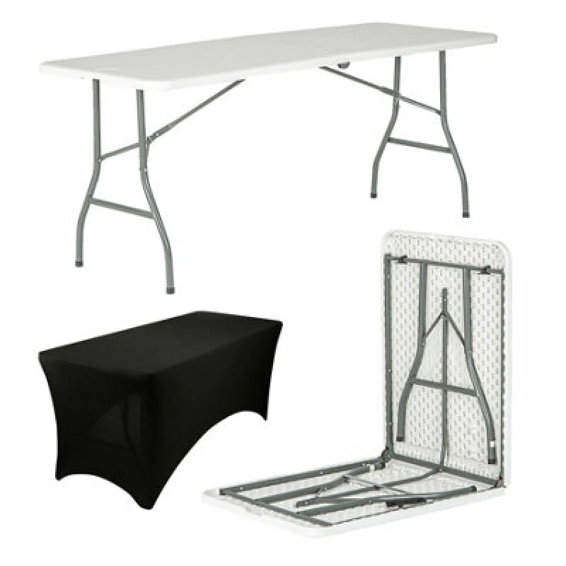 Image of Harbour Housewares Folding Camping Picnic Table With Fitted Tablecloth - 180Cm (6ft) - White/black - Portable Plastic Outdoor Party Display