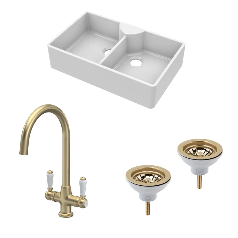Image of Balterley Fireclay 2 Bowl Butler Sink 2 x Wastes Tap Brushed Brass 895mm Bronze