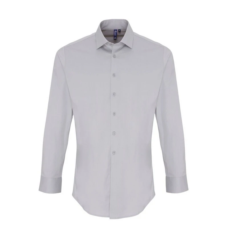 Image of Premier Premier Men Stretch Fit Poplin Long Sleeve Shirt in Silver Size: X-Small Silver XS Male 5059269013417