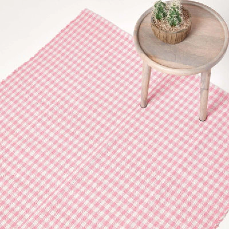 Image of Homescapes Cotton Gingham Check Rug Hand Woven Pink White, 110 X 170 Cm