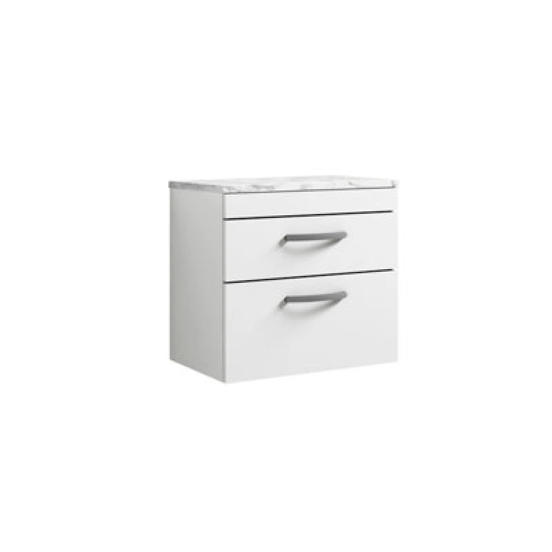 Image of NUIE Athena Wall Hung 2-Drawer Vanity Unit with Carrera Marble Worktop 600mm Wide - Gloss White - Nuie ATH048LCM
