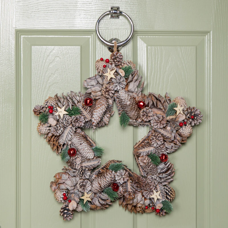 Image of 45cm Frosted Hanging Christmas Star Wreath with Red Jingle Bells & Wooden Stars