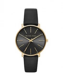 Image of Michael Kors MRCJN Pyper Gold Tone Black Leather Strap Ladies Watch, One Colour, Women