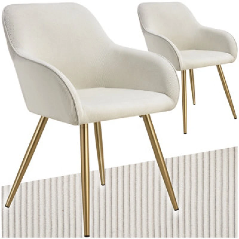 Image of Tectake Set Of 2 Dining Chair Marilyn - Corduroy Look, Upholstered, Armchair, Continuous Backrest - Cream/gold