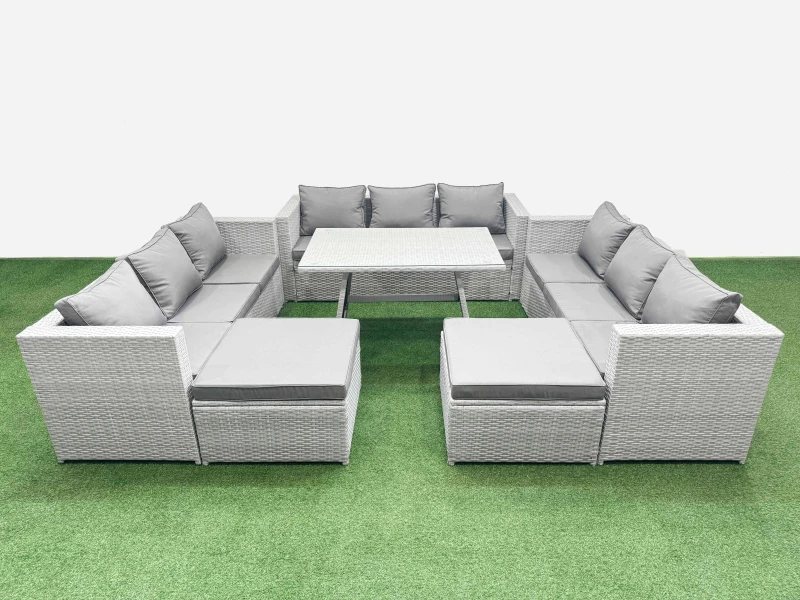 Image of Fimous 11 Seat Patio PE Rattan Garden Furniture with 2 Big Stools Light Grey Light Grey Unisex