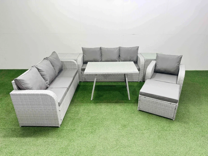Image of Fimous 7 Pieces Outdoor PE Rattan Garden Furniture with 2 Side Tables Stool in Light Grey Light Grey Unisex