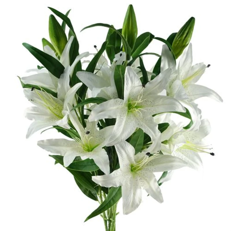 Image of Leaf Pack of 6 x 100cm Large White Lily Stem - 3 Flowers White