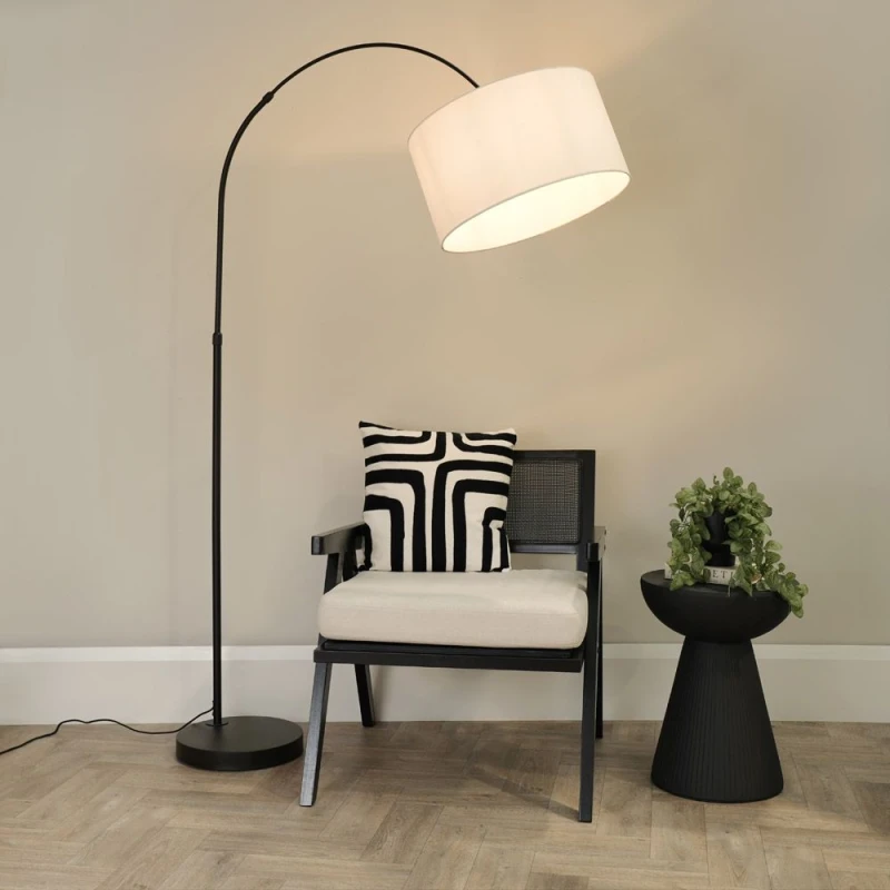 Image of ValueLights Louis Black Arched Curved Floor Lamp with Fabric Drum Lamp Shade and LED Bulb White