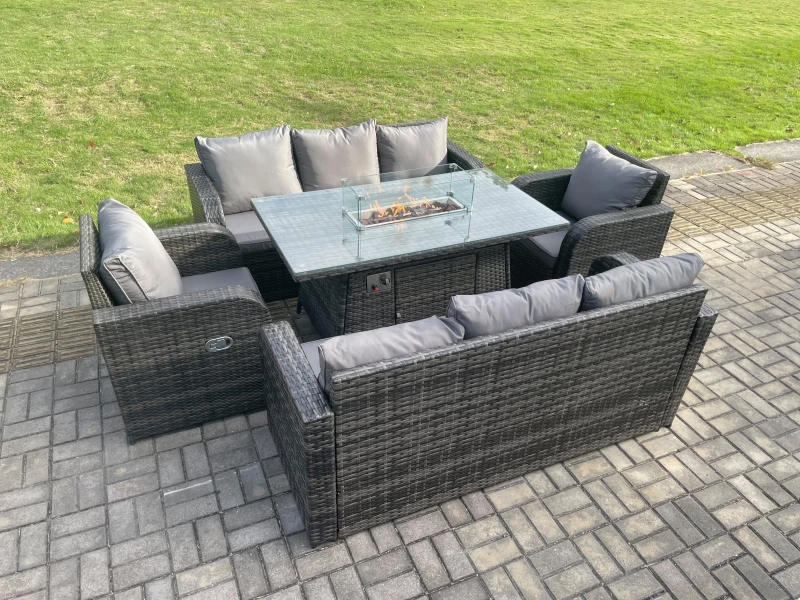 Image of Fimous Rattan Outdoor Garden Furniture Sofa Set Gas Fire Pit Dining Table Gas Heater with 3 Seater Sofa Recling Chair 8 Seater Dark Grey