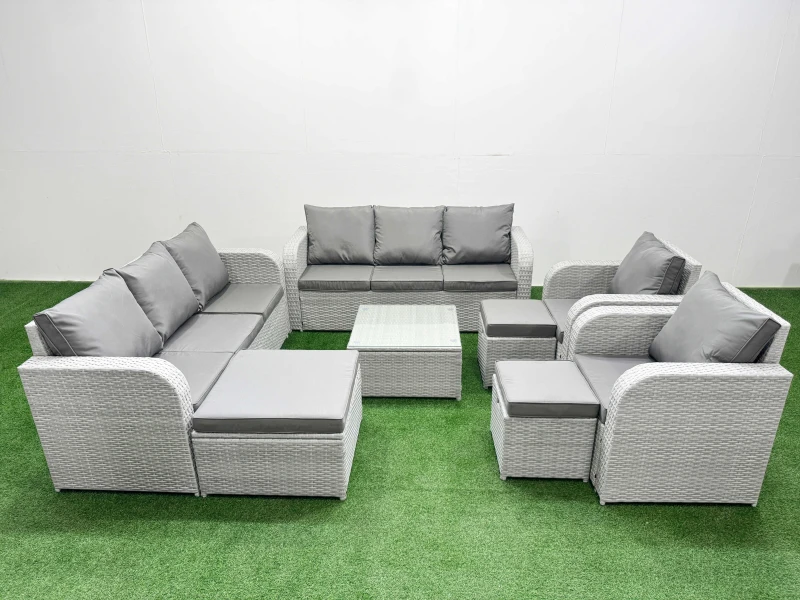 Image of Fimous PE Rattan High Back Lounge Sofa Set Patio Square Coffee Table & Chairs Set with 3 Seater Sofa Reclining Chair 3 Stools Light Grey Light Grey