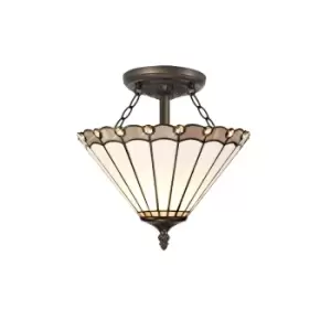 Image of 2 Light Semi Flush Ceiling E27 With 30cm Tiffany Shade, Grey, Crystal, Aged Antique Brass