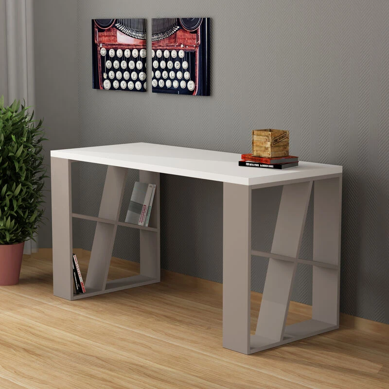Image of DECORTIE Decortie - Honey Modern Desk With Bookshelf Legs - White / Mocha Grey - Mocha Grey M.MS.10987.13