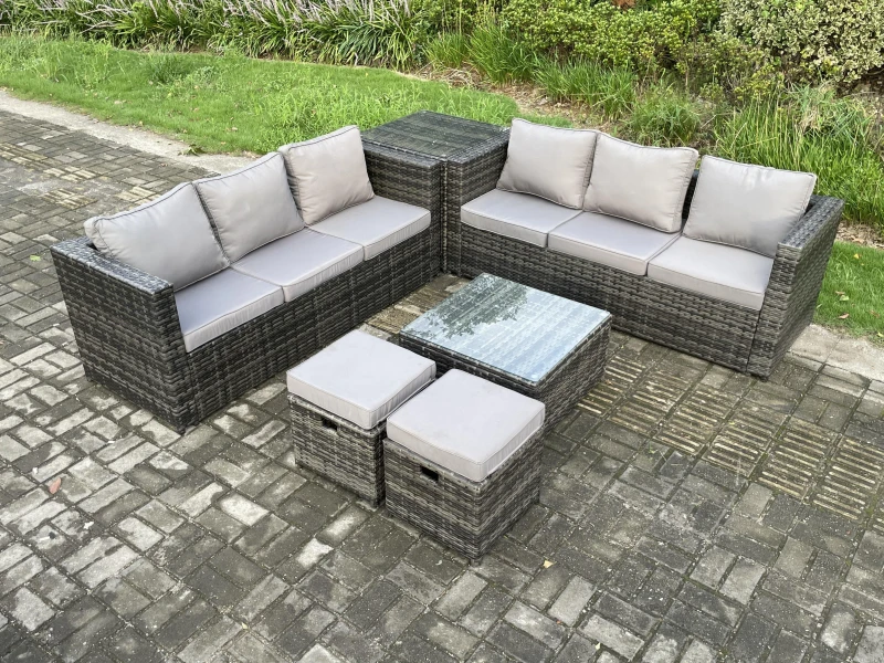 Image of Fimous 8 Seater Rattan Garden Furniture Sofa Set with Side Table Square Coffee Table 2 Small Footstool Dark Grey Mixed Dark Grey
