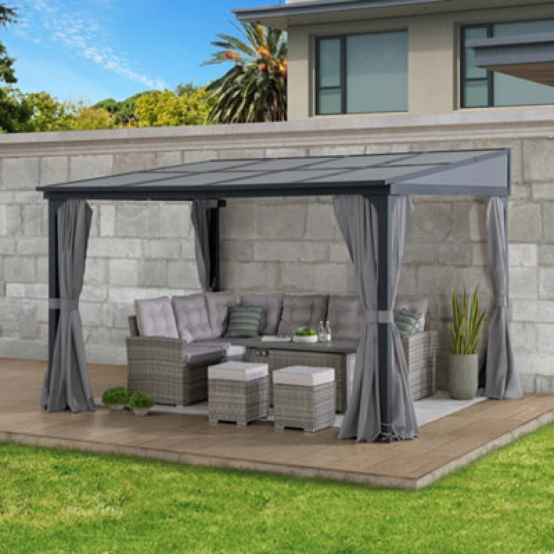 Image of Sunjoy Wall Mounted Gazebo With Grey Curtains And Netting