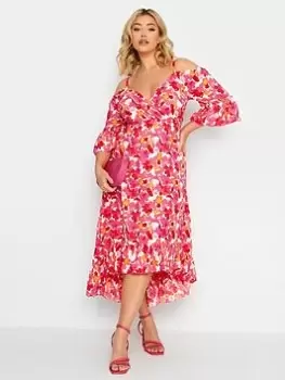 Image of Yours Cold Shoulder Midaxi Dress Brush Stroke Floral, Pink, Size 20, Women