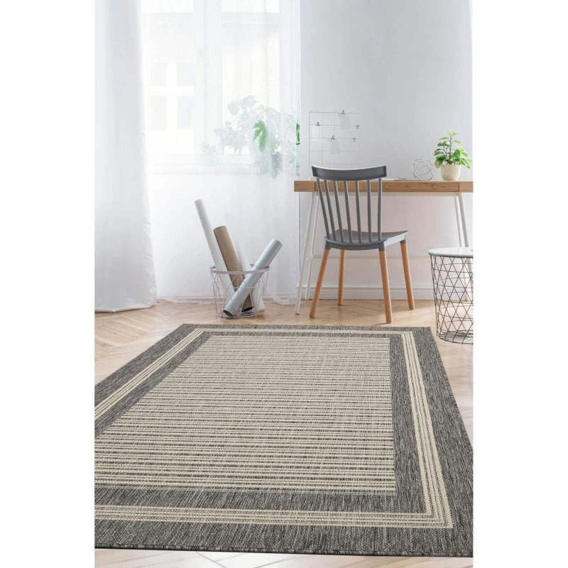 Image of Melrose County Flatweave Grey Bordered Indoor Non-Slip Small Area Rug 080/150Cm