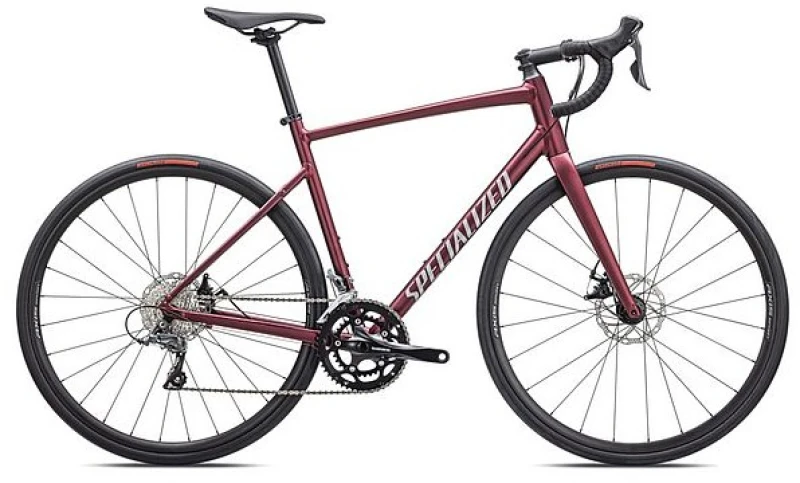 Image of Specialized 2025 Allez Road Bike 54 Satin Maroon / Silver Dust / Flo Red - Cycles UK