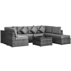 Image of Outsunny 8 Pieces PE Rattan Corner Sofa Set Garden Furniture Set Patio Wicker Sofa Seater w/ Cushion, Washable Cushion Cover & Tempered Glass Table, G