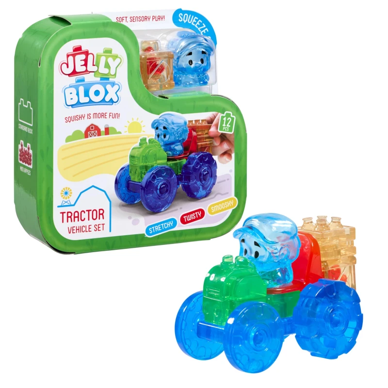 Image of JELLY BLOX - Tractor Set 12 Tactiele Zachte Bouwstenen Spel met Trekker en Boer Sensorische Bouwset voor Kinderen vanaf 2 Jaar Uitschuifbare en Fl