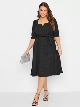 Image of Yours Glitter Notch Neck Skater Dress - Black, Size 20, Women