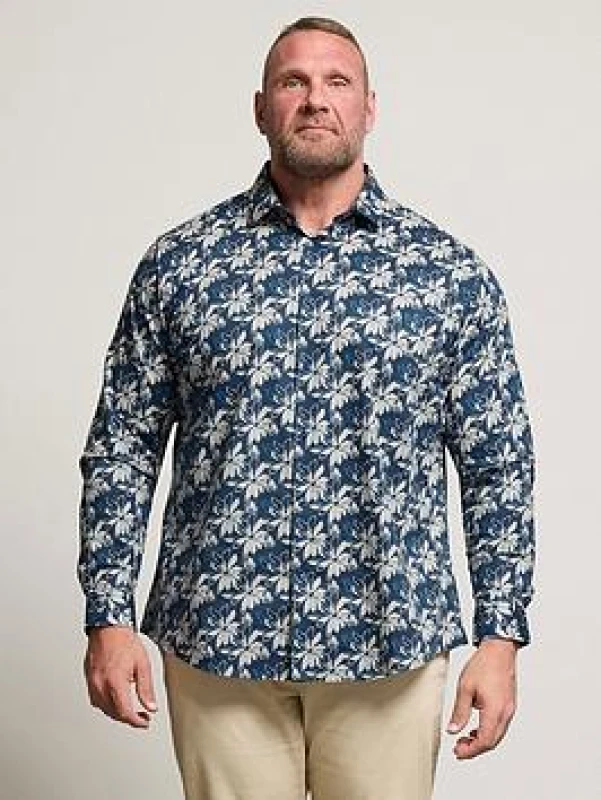 Image of BadRhino BadRhino Men Premium Leaf Print Long Sleeve Shirt in Mid Navy Mid Navy One Size Male 5063589043573