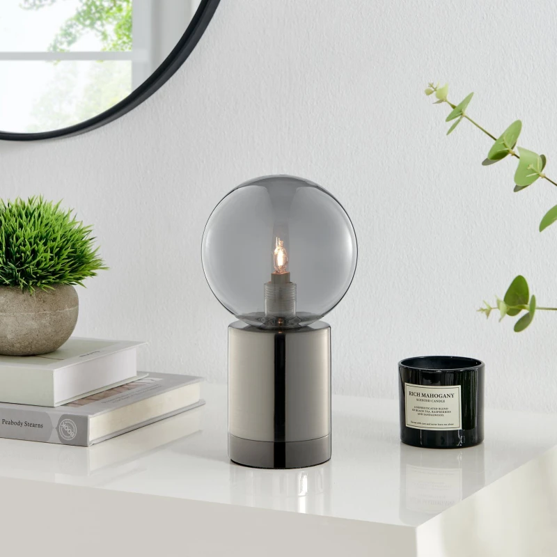 Image of FurnitureboxUK FurnitureboxUK Hattie Industrial Smoked Glass and Silver Table Desk Lamp Silver One Size Unisex 5060661186388