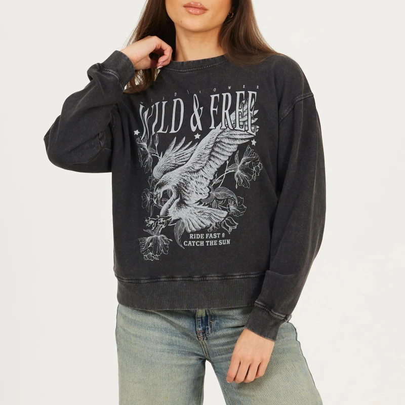 Image of Brave Soul Womens Crew Neck Graphic Sweatshirt Black Acid Wash female 10 (S)