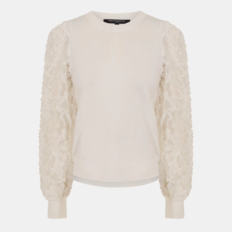 Image of French Connection Womens Luvy Embroidered Mesh Sleeve Crew Neck Jumper Winter White female 8 (XS)