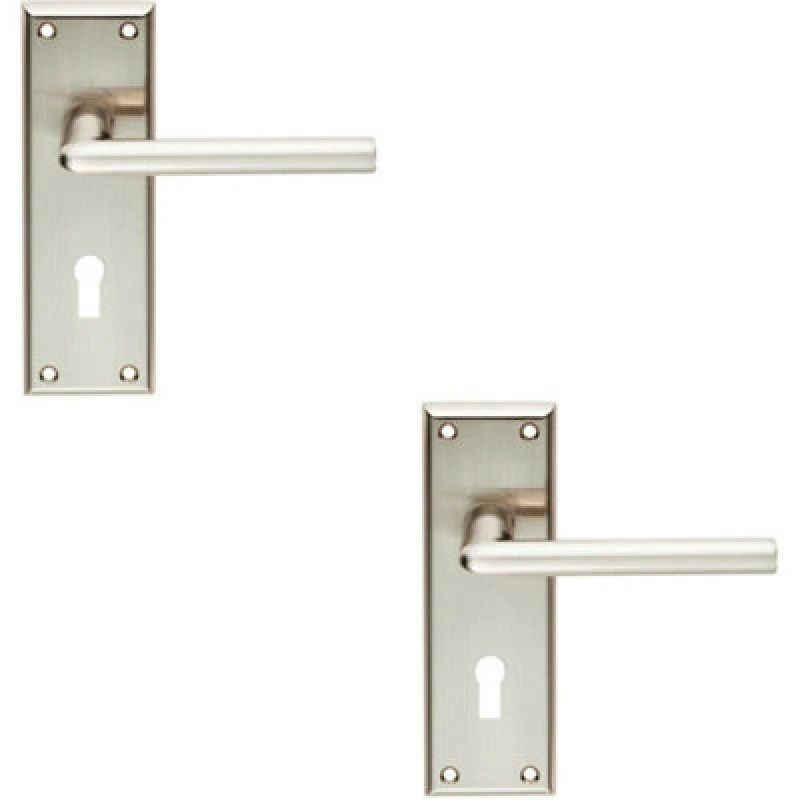 Image of Loops 2x PAIR Rounded Lever on Lock Backplate Door Handle 150 x 50mm Satin Nickel Metallics