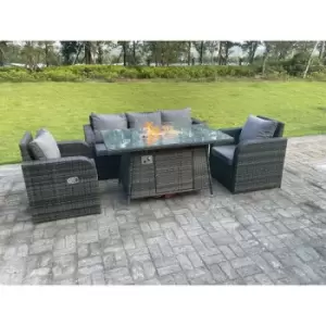 Image of Fimous 5 Seater Outdoor Dark Grey Mixed Rattan Lounge Complete Sofa Set with Gas Fire Pit Table
