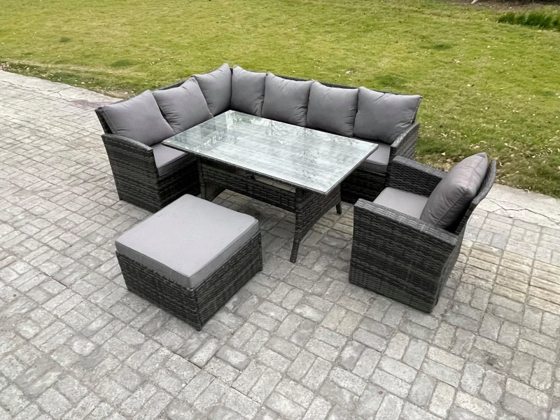 Image of Fimous 8 Seater Outdoor Rattan Garden Furniture Set with Rectangular Dining Table Big Footstool Armchair Patio Corner Sofa Set in Dark Grey Dark Grey
