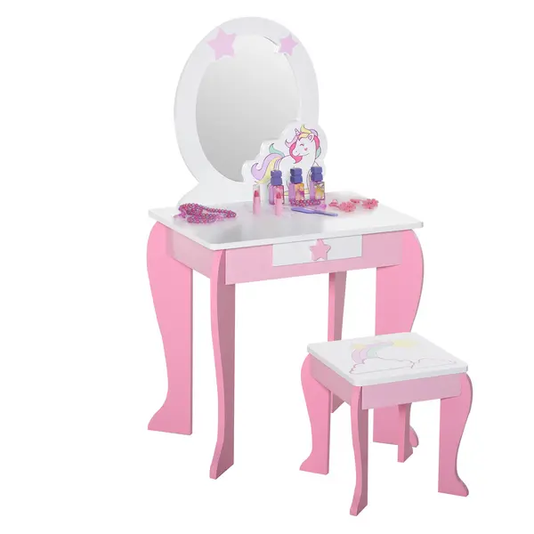Image of HOMCOM Girls Dressing Table w/ Mirror & Stool, Kids Dressing Table, Unicorn Pretend Play Toy for Toddles Age 3-6 Years, Acrylic Mirror, Pink & White