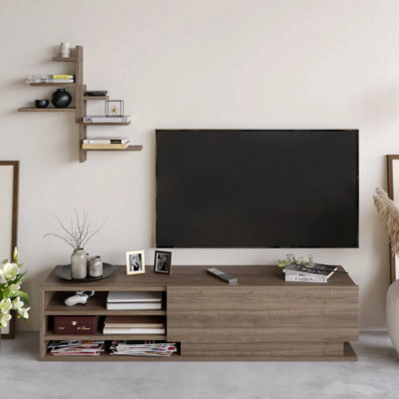 Image of Decorotika Linda TV Stand With Wall Shelves For Tvs Up To 67" (Walnut Pattern)