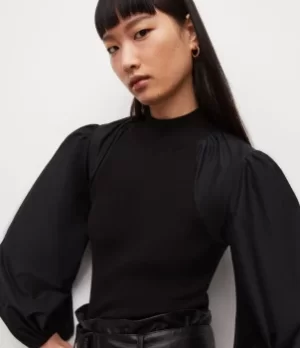 Image of AllSaints Womens Cleo Silk Blend Top, Black, Size: 16