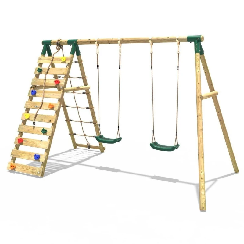 Image of Rebo Wooden Double Swing Set with Up and Over Climbing Wall - Ela Green Green