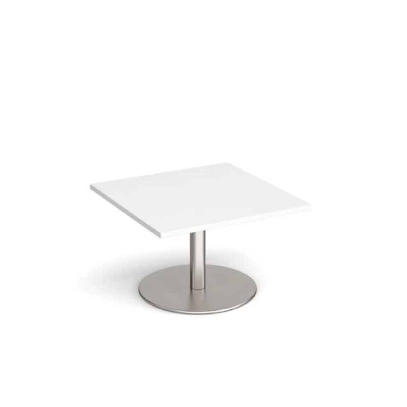 Image of Monza Square Cafe and Bistro Coffee Table with Flat Round Brushed Steel Base - Table Top Width 800mm - White - Height - 490mm