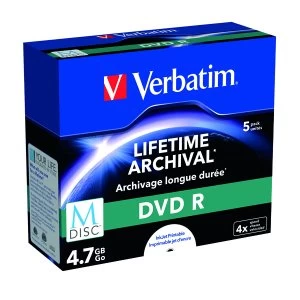 Image of Verbatim M Disc DVD R 4.7GB 4x Printable Jewel Case Pack of 5 43821