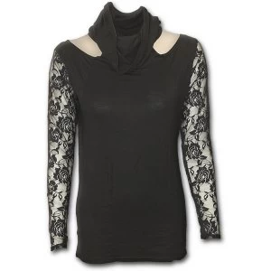 Image of Gothic Elegance Lace Sleeve Cowl Neck Womens Medium Long Sleeve Top - Black
