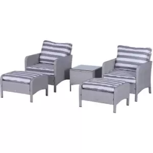 Image of Outsunny - 5 Pcs PE Rattan Garden Furniture Set, 2 Armchairs 2 Stools Glass Top Table Cushions Wicker Weave Chairs Outdoor Seating - Grey
