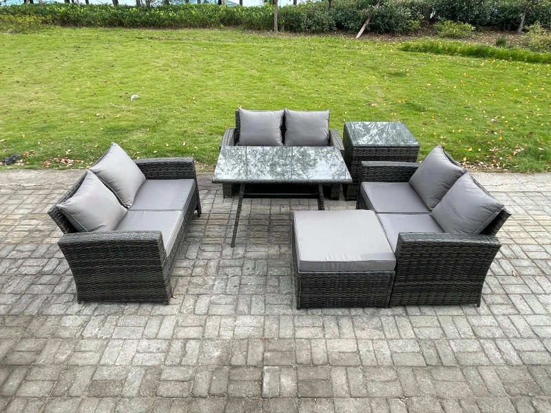 Image of Fimous 7 Seater Rattan Wicker Garden Furniture Patio Conservatory Sofa Set with Rectangular Dining Table Side Table in Dark Grey Dark Grey Unisex