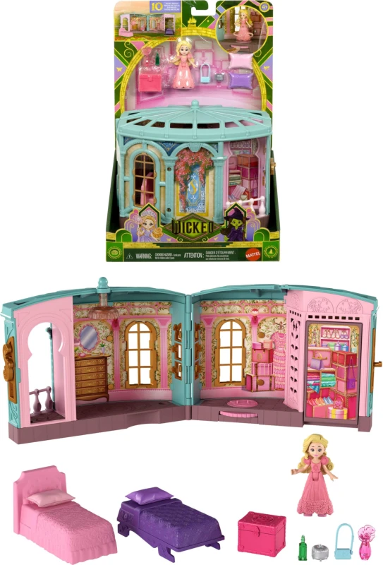 Image of Mattel Universal Pictures' Wicked So Popular Dorm Small Doll Playset with 3 Play Spaces & 9 Accessories Inspired by the Movie JHC00 Pink - So Popula