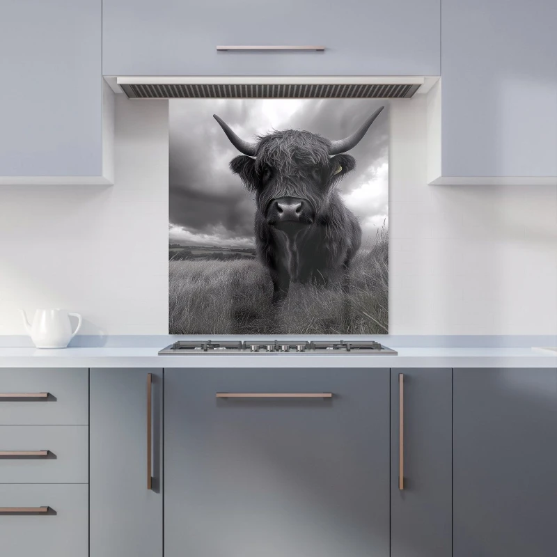 Image of Warren Reed - Designer Black & White Highland Cow Kitchen Splashback in Grey Size: 700mm x 750mm Grey Unisex 700mm x 750mm