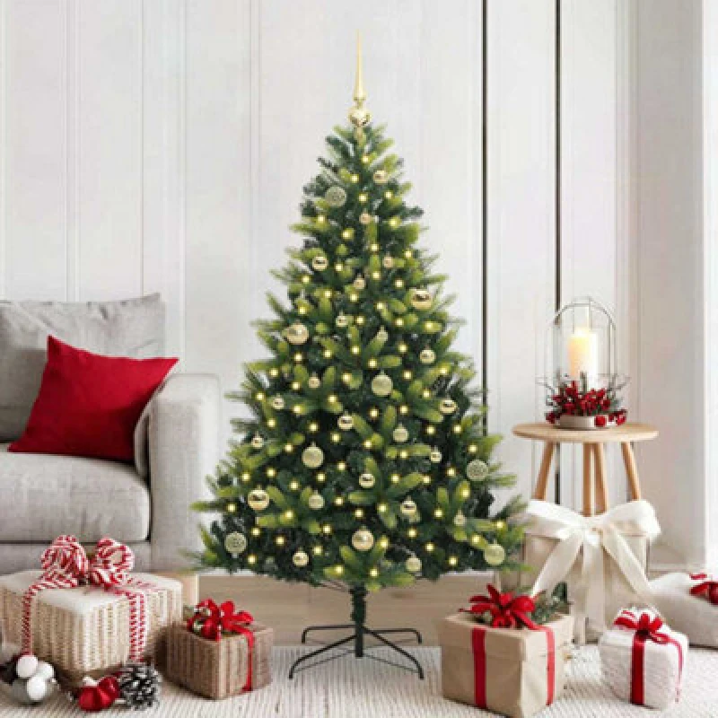 Image of vidaXL Artificial Hinged Christmas Tree 150 LEDs, Gold Balls Green 150 cm, Green 3395986