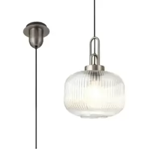Image of Luminosa 1 Light Pendant E27 30cm Pumpkin Shaped Ribbed Glass, Clear Antique Silver, Black