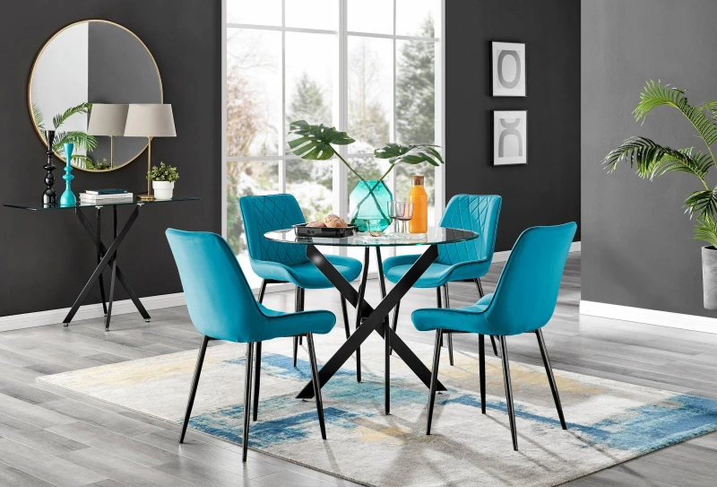 Image of FurnitureboxUK FurnitureboxUK Novara 4 Seater Black Leg Round Glass Dining Table & 4 Pesaro Soft Velvet Black Leg Chairs in Blue Blue One Size Unisex