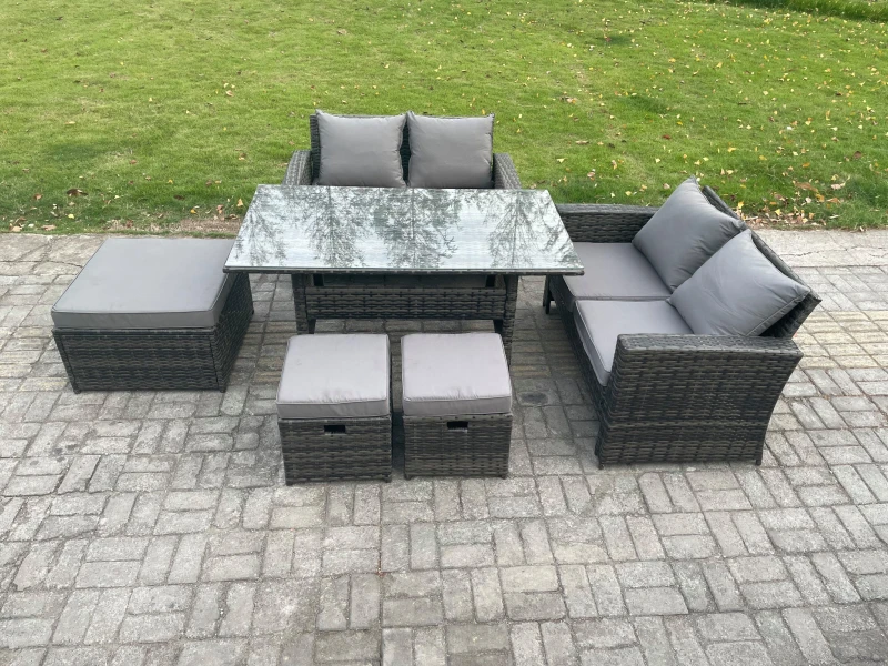 Image of Fimous 7 Seater High Back Outdoor Garden Furniture Rattan Sofa Dining Table Set with 3 Footstools Dark Grey Mixed Dark Grey Unisex