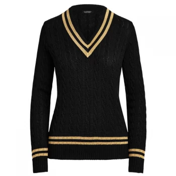 Image of Lauren by Ralph Lauren Metallic V Neck Cricket Jumper - Black/Gold LRX