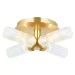 Image of Endon Talo Bathroom Multi Arm Glass Semi Flush Ceiling Lamp, Satin Brass Plate, Ribbed Glass, IP44